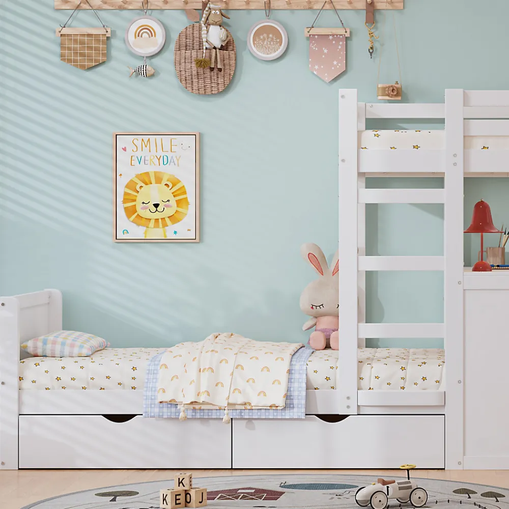 Lit superposé enfant, échelle à 3 marches, 2 tiroirs, bureau, garde-corps, lattes solides, MDF pin, blanc, 90x200cm>Simple Life Discount