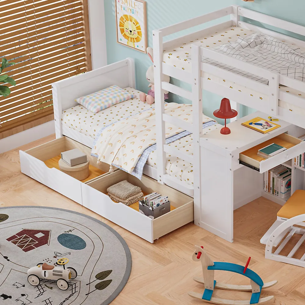 Lit superposé enfant, échelle à 3 marches, 2 tiroirs, bureau, garde-corps, lattes solides, MDF pin, blanc, 90x200cm>Simple Life Discount