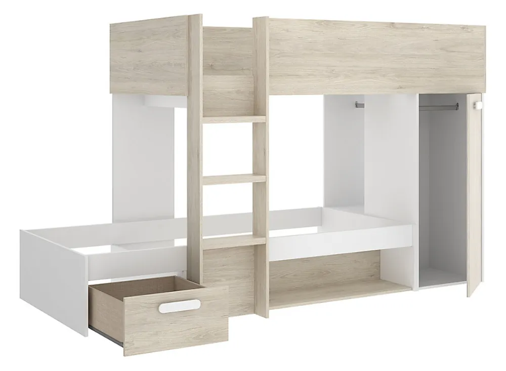 Lit superposé enfant coloris chêne naturel, blanc, imitation lamelles, couchage 90 x190 cm>Pegane Clearance