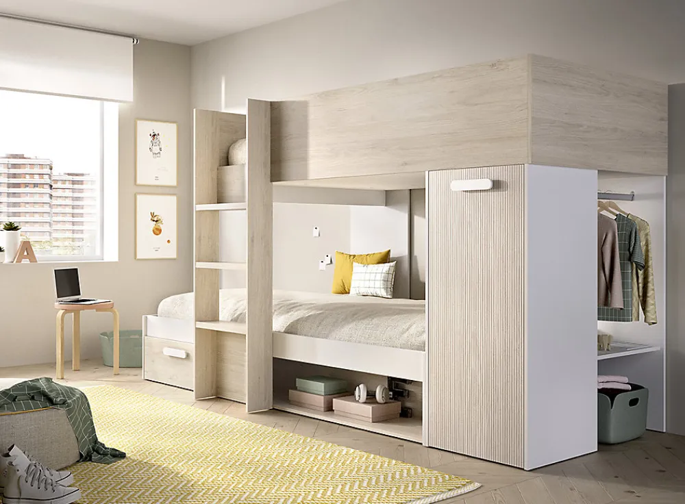 Lit superposé enfant coloris chêne naturel, blanc, imitation lamelles, couchage 90 x190 cm>Pegane Clearance