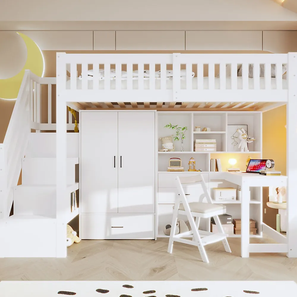 Lit Superposé Enfant 90x200 cm - avec Escalier de Rangement et Bureau Intégré, Armoire et Tiroirs - Bois/MDF/Contreplaqué Blanc>Okwish Best