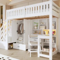 Lit Superposé Enfant 90x200 cm - avec Escalier de Rangement et Bureau Intégré, Armoire et Tiroirs - Bois/MDF/Contreplaqué Blanc><noscript><img width=
