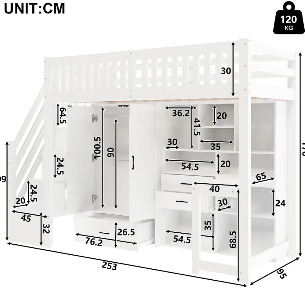 Lit Superposé Enfant 90x200 cm - avec Escalier de Rangement et Bureau Intégré, Armoire et Tiroirs - Bois/MDF/Contreplaqué Blanc>Okwish Best