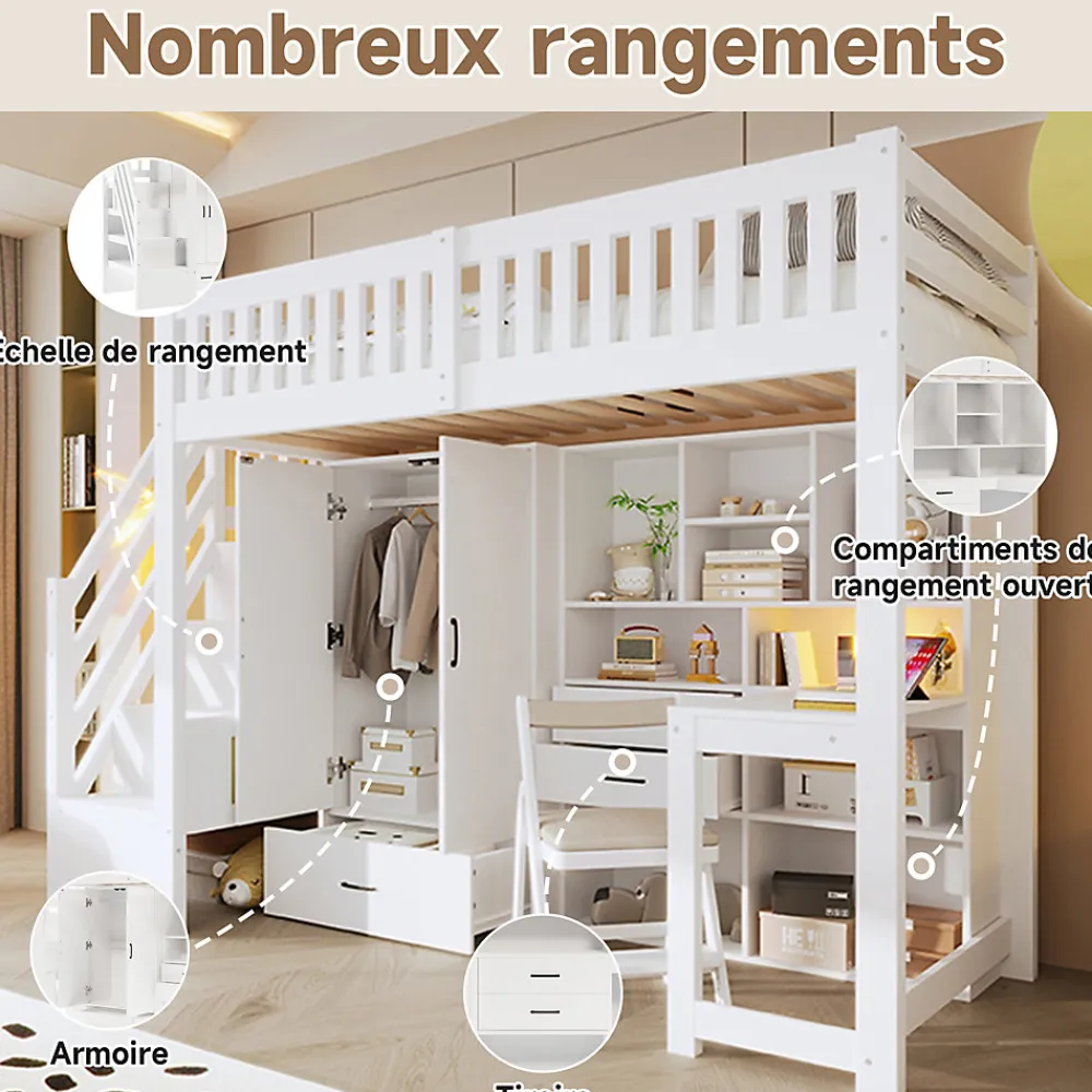 Lit Superposé Enfant 90x200 cm - avec Escalier de Rangement et Bureau Intégré, Armoire et Tiroirs - Bois/MDF/Contreplaqué Blanc>Okwish Best