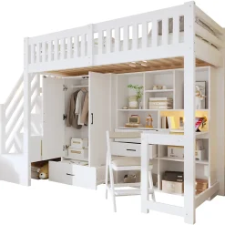 Lit Superposé Enfant 90x200 cm - avec Escalier de Rangement et Bureau Intégré, Armoire et Tiroirs - Bois/MDF/Contreplaqué Blanc><noscript><img width=