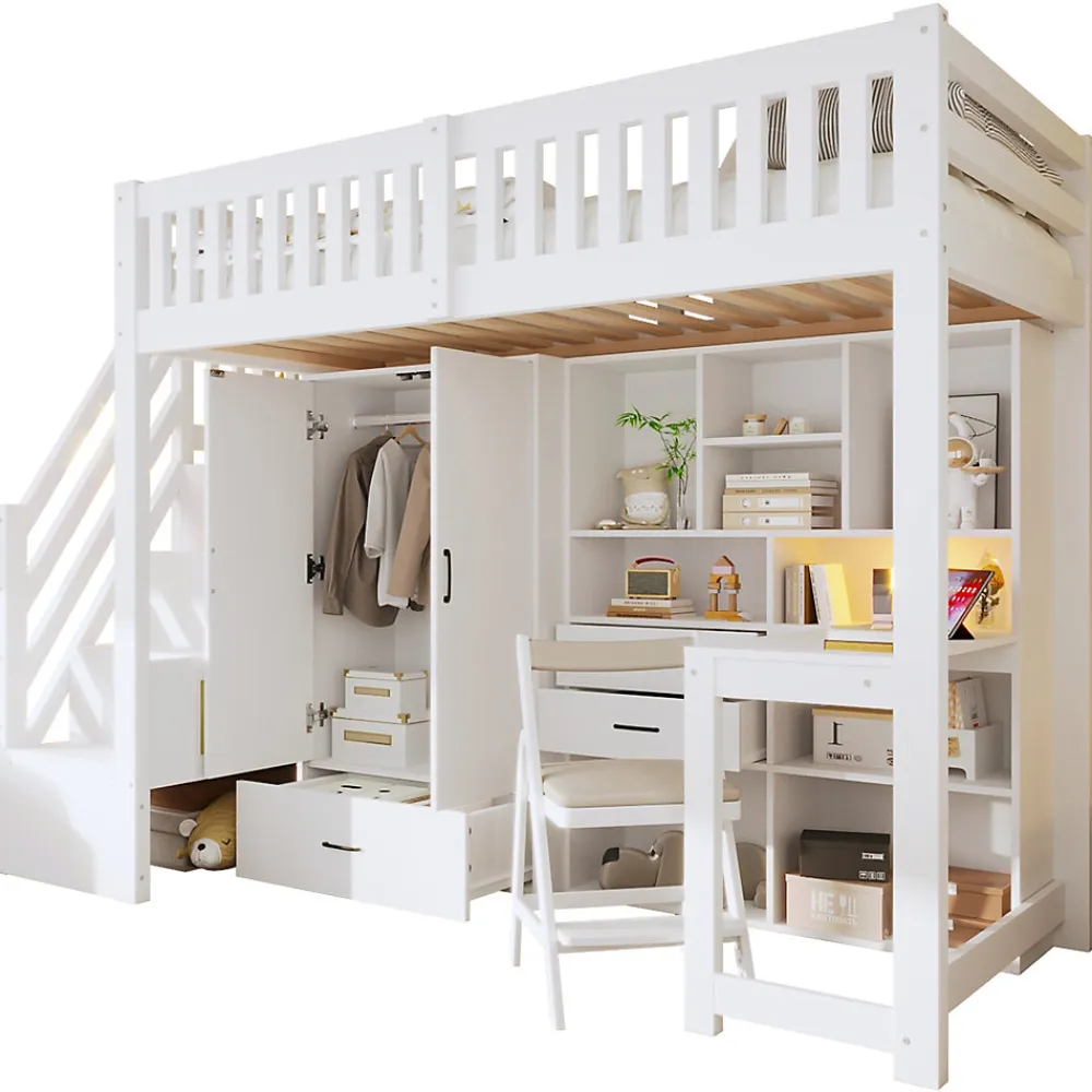 Lit Superposé Enfant 90x200 cm - avec Escalier de Rangement et Bureau Intégré, Armoire et Tiroirs - Bois/MDF/Contreplaqué Blanc>Okwish Best