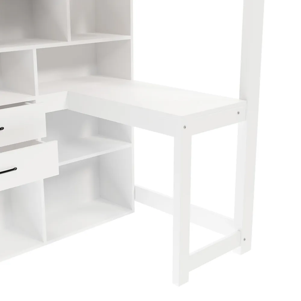 Lit Superposé Enfant 90x200 cm - avec Escalier de Rangement et Bureau Intégré, Armoire et Tiroirs - Bois/MDF/Contreplaqué Blanc>Okwish Best