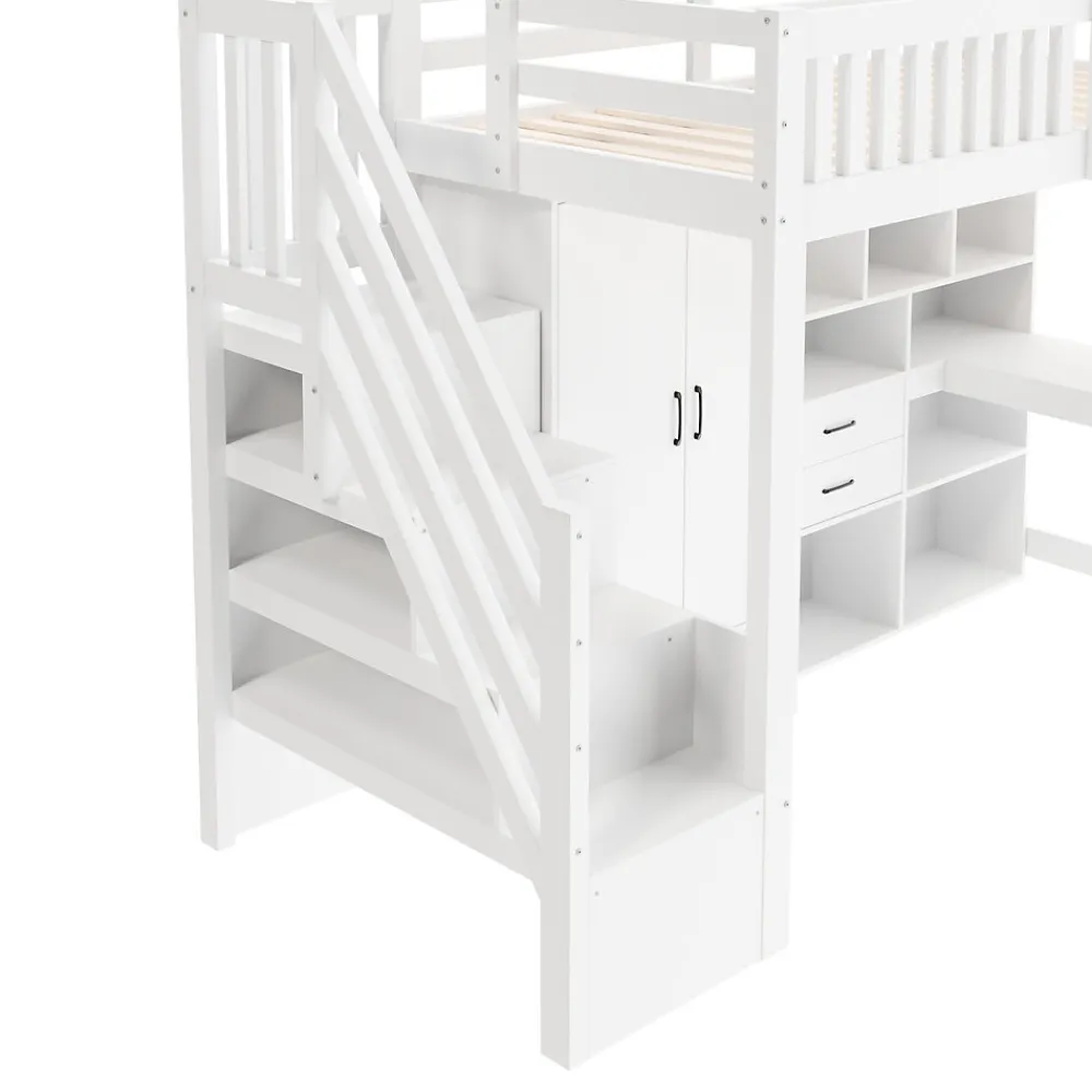 Lit Superposé Enfant 90x200 cm - avec Escalier de Rangement et Bureau Intégré, Armoire et Tiroirs - Bois/MDF/Contreplaqué Blanc>Okwish Best