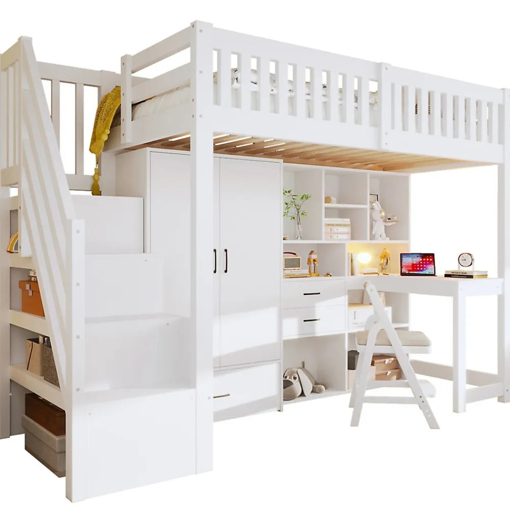 Lit Superposé Enfant 90x200 cm - avec Escalier de Rangement et Bureau Intégré, Armoire et Tiroirs - Bois/MDF/Contreplaqué Blanc>Okwish Best