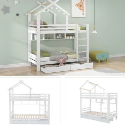 Okwish Lit Superposé enfant 90x200 cm - Lit avec 2 Tiroirs et 4 Niches de Rangement - Structure en Bois Pin et MDF - Blanc, Sans Matelas*Enfant Lit Enfant