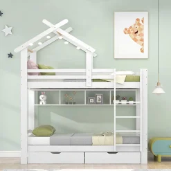 Okwish Lit Superposé enfant 90x200 cm - Lit avec 2 Tiroirs et 4 Niches de Rangement - Structure en Bois Pin et MDF - Blanc, Sans Matelas*Enfant Lit Enfant