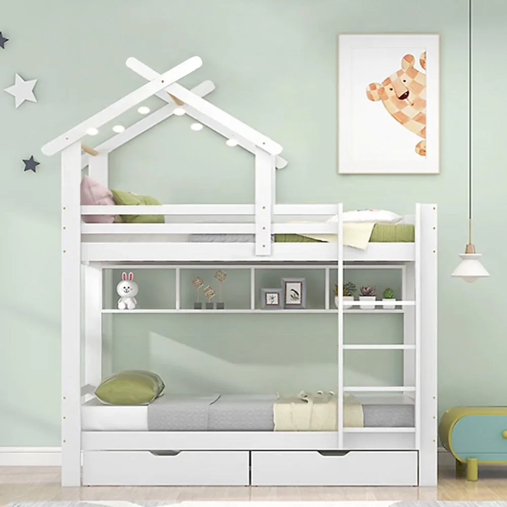 Okwish Lit Superposé enfant 90x200 cm - Lit avec 2 Tiroirs et 4 Niches de Rangement - Structure en Bois Pin et MDF - Blanc, Sans Matelas*Enfant Lit Enfant