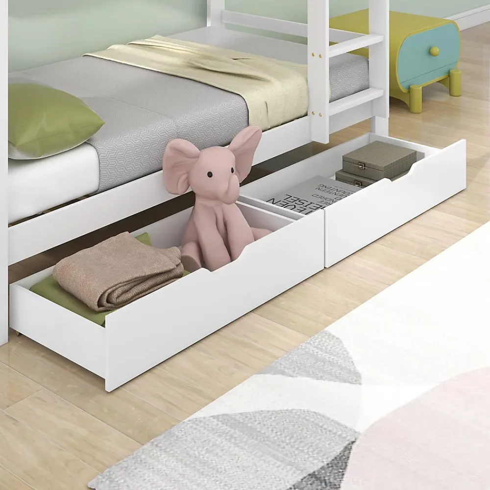 Okwish Lit Superposé enfant 90x200 cm - Lit avec 2 Tiroirs et 4 Niches de Rangement - Structure en Bois Pin et MDF - Blanc, Sans Matelas*Enfant Lit Enfant