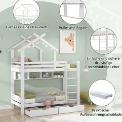 Okwish Lit Superposé enfant 90x200 cm - Lit avec 2 Tiroirs et 4 Niches de Rangement - Structure en Bois Pin et MDF - Blanc, Sans Matelas*Enfant Lit Enfant
