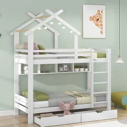 Okwish Lit Superposé enfant 90x200 cm - Lit avec 2 Tiroirs et 4 Niches de Rangement - Structure en Bois Pin et MDF - Blanc, Sans Matelas*Enfant Lit Enfant