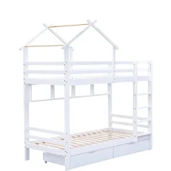 Okwish Lit Superposé enfant 90x200 cm - Lit avec 2 Tiroirs et 4 Niches de Rangement - Structure en Bois Pin et MDF - Blanc, Sans Matelas*Enfant Lit Enfant