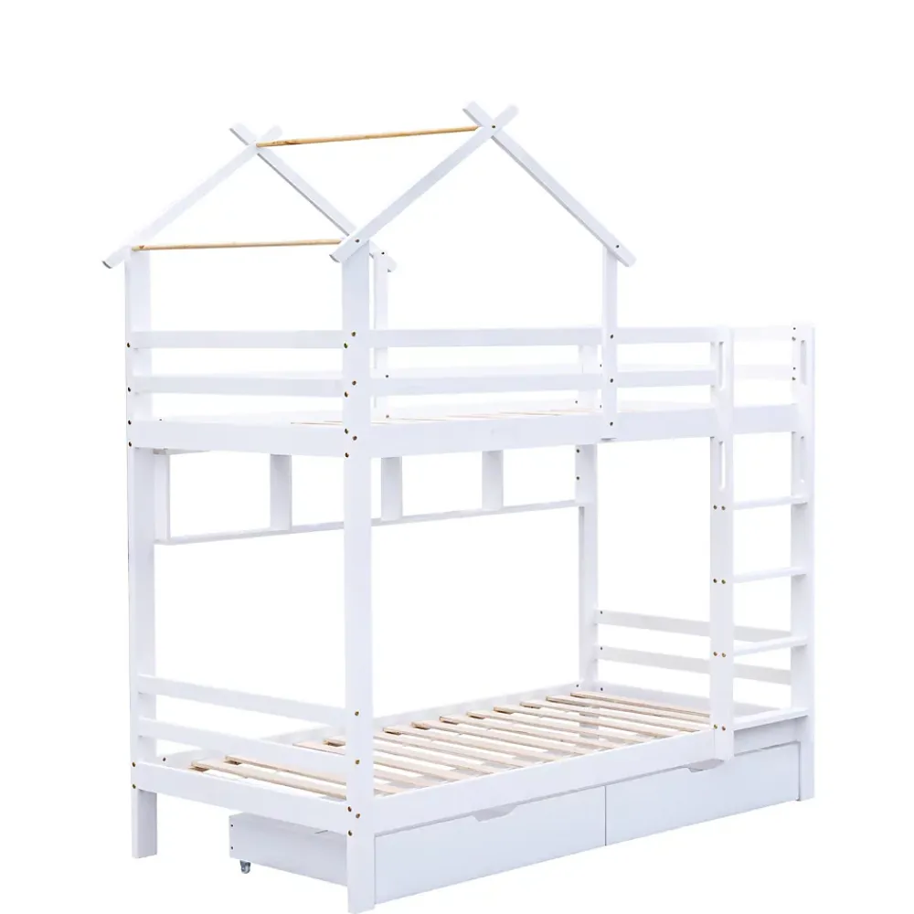 Okwish Lit Superposé enfant 90x200 cm - Lit avec 2 Tiroirs et 4 Niches de Rangement - Structure en Bois Pin et MDF - Blanc, Sans Matelas*Enfant Lit Enfant
