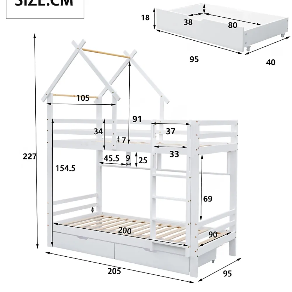 Okwish Lit Superposé enfant 90x200 cm - Lit avec 2 Tiroirs et 4 Niches de Rangement - Structure en Bois Pin et MDF - Blanc, Sans Matelas*Enfant Lit Enfant