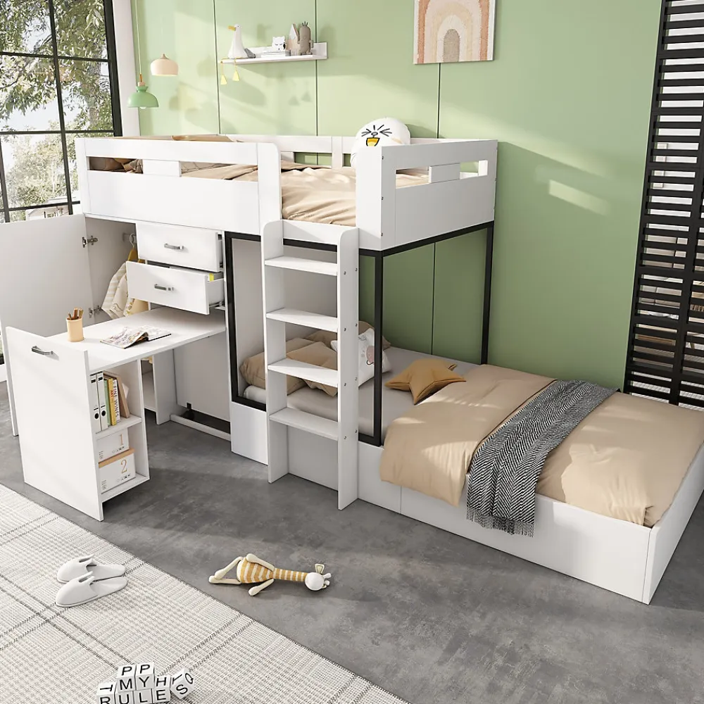 Lit Superposé enfant 90x200 cm - Lit avec Bureau Escamotable et Armoire - MDF et Panneaux Stratifiés - Sans Matelas - Blanc>Okwish Discount
