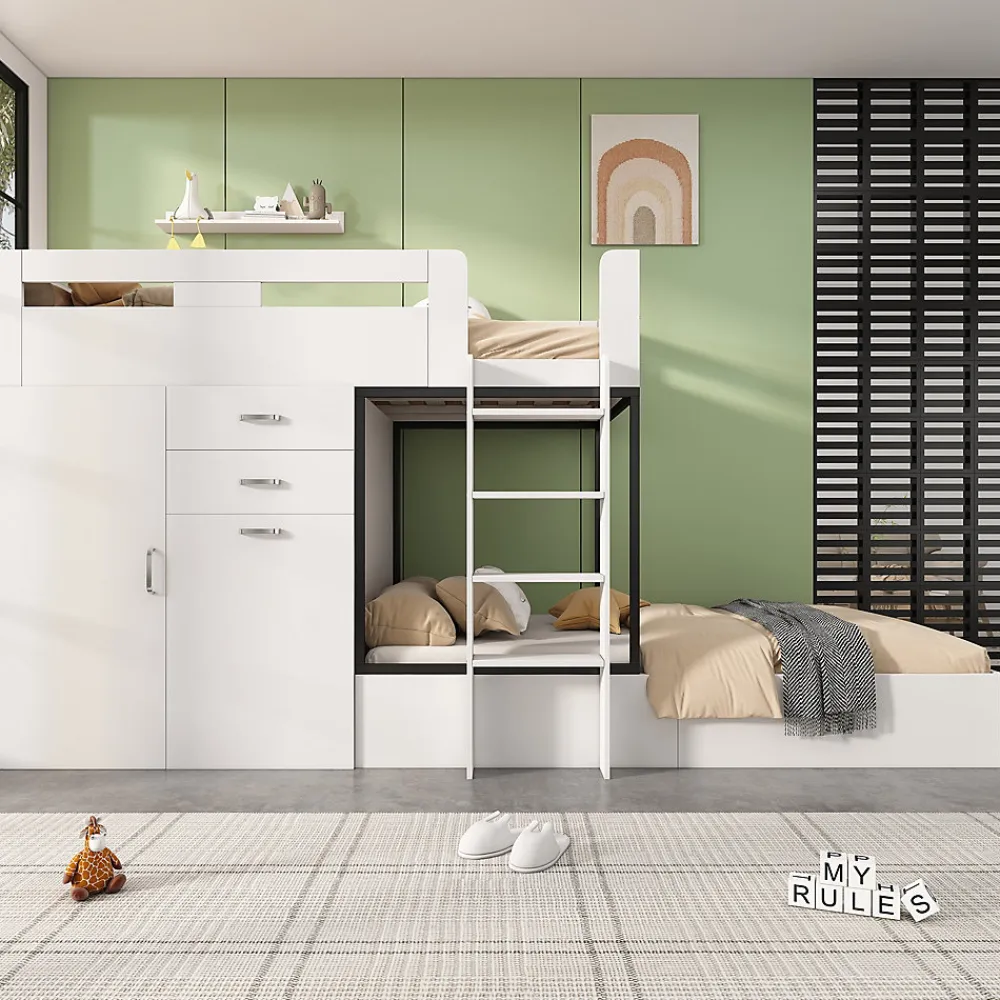 Lit Superposé enfant 90x200 cm - Lit avec Bureau Escamotable et Armoire - MDF et Panneaux Stratifiés - Sans Matelas - Blanc>Okwish Discount