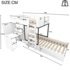 Lit Superposé enfant 90x200 cm - Lit avec Bureau Escamotable et Armoire - MDF et Panneaux Stratifiés - Sans Matelas - Blanc><noscript><img width=
