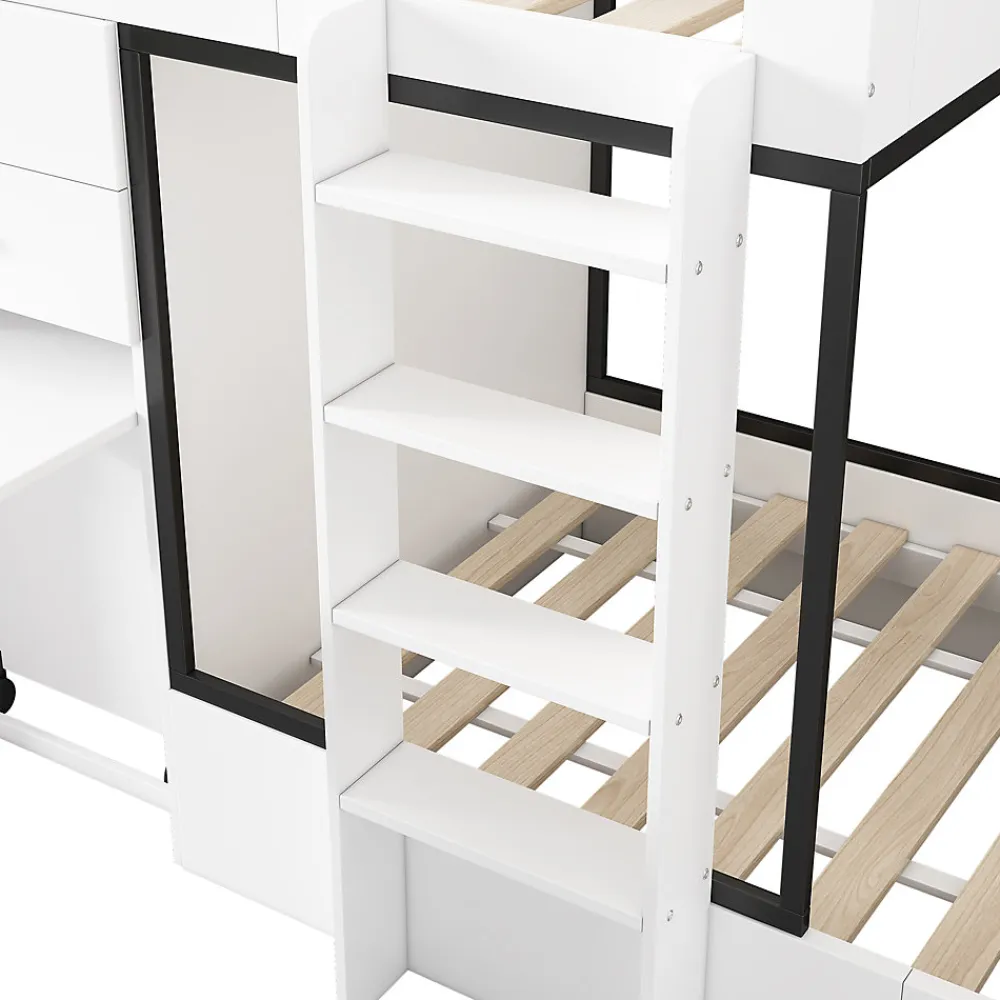 Lit Superposé enfant 90x200 cm - Lit avec Bureau Escamotable et Armoire - MDF et Panneaux Stratifiés - Sans Matelas - Blanc>Okwish Discount