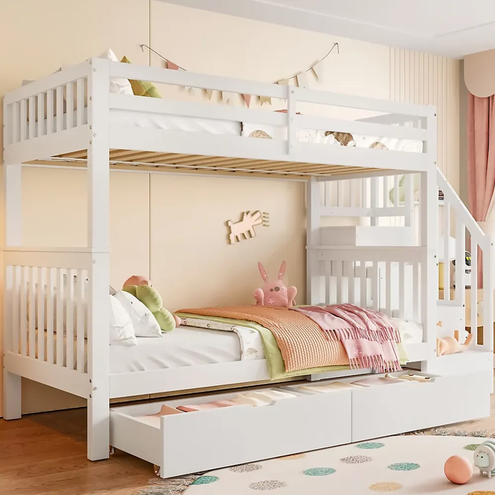 ProximaX Lit superposé enfant 90x200 cm blanc avec étagère escalier, 2 tiroirs, barrières hautes, certifié EN747-1, sûr et pratique*Enfant Lit Enfant