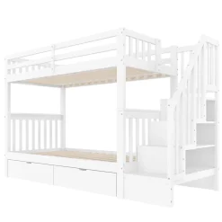 ProximaX Lit superposé enfant 90x200 cm blanc avec étagère escalier, 2 tiroirs, barrières hautes, certifié EN747-1, sûr et pratique*Enfant Lit Enfant