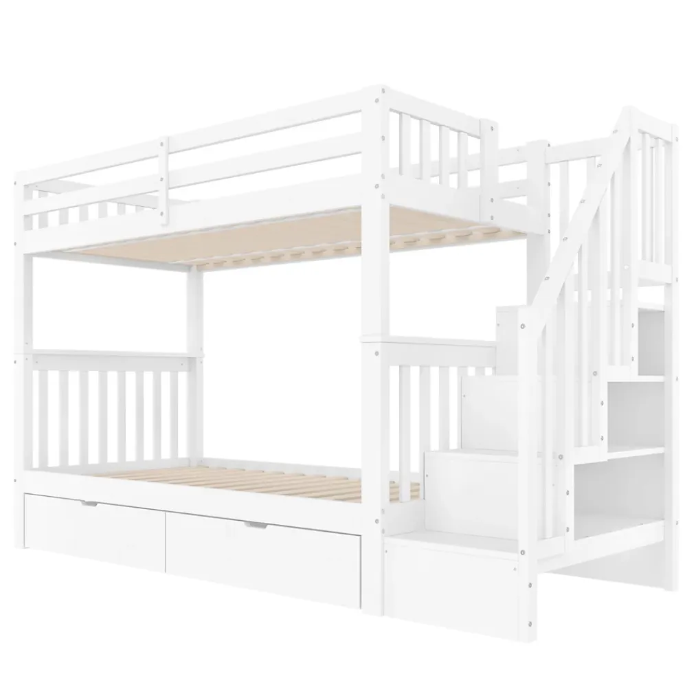 ProximaX Lit superposé enfant 90x200 cm blanc avec étagère escalier, 2 tiroirs, barrières hautes, certifié EN747-1, sûr et pratique*Enfant Lit Enfant