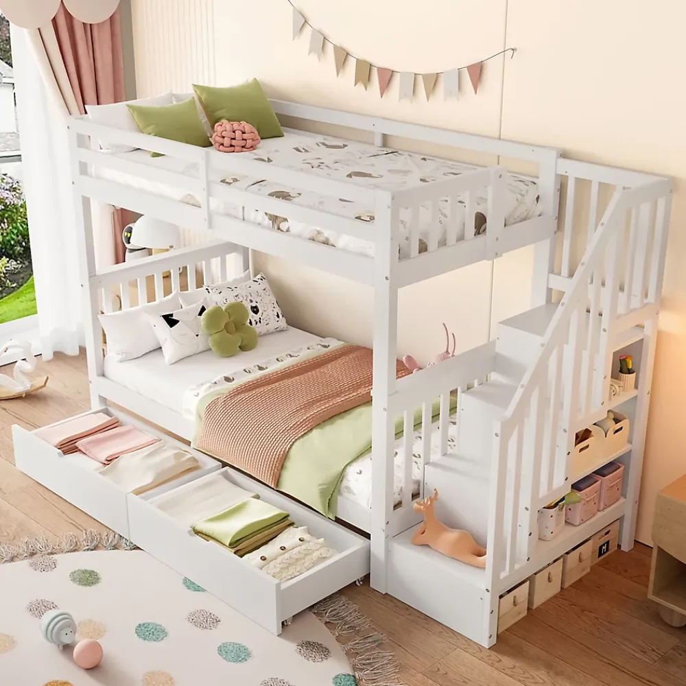 ProximaX Lit superposé enfant 90x200 cm blanc avec étagère escalier, 2 tiroirs, barrières hautes, certifié EN747-1, sûr et pratique*Enfant Lit Enfant