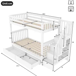 ProximaX Lit superposé enfant 90x200 cm blanc avec étagère escalier, 2 tiroirs, barrières hautes, certifié EN747-1, sûr et pratique*Enfant Lit Enfant