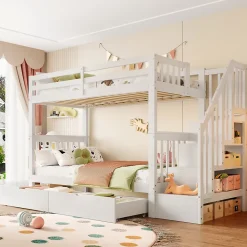 ProximaX Lit superposé enfant 90x200 cm blanc avec étagère escalier, 2 tiroirs, barrières hautes, certifié EN747-1, sûr et pratique*Enfant Lit Enfant