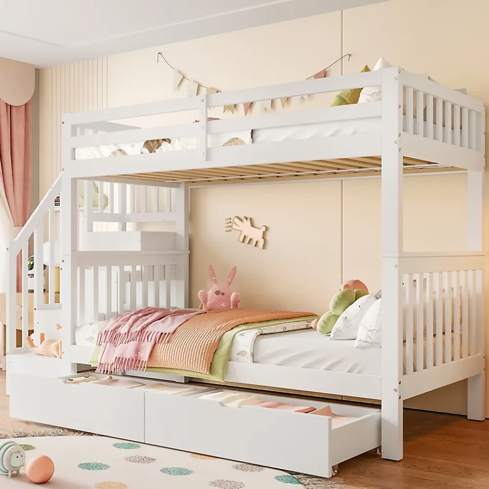 ProximaX Lit superposé enfant 90x200 cm blanc avec étagère escalier, 2 tiroirs, barrières hautes, certifié EN747-1, sûr et pratique*Enfant Lit Enfant