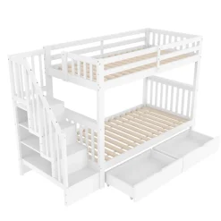 ProximaX Lit superposé enfant 90x200 cm blanc avec étagère escalier, 2 tiroirs, barrières hautes, certifié EN747-1, sûr et pratique*Enfant Lit Enfant