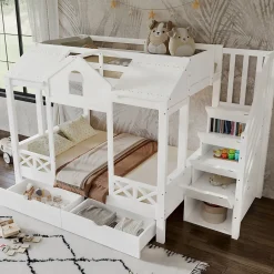 Lit Superposé Enfant 90/140x200 cm, 2 Tiroirs à Roulettes, Escalier, 4 Cases de Rangement, Fenêtres et Toit, Sans Matelas, Blanc>Okwish Clearance