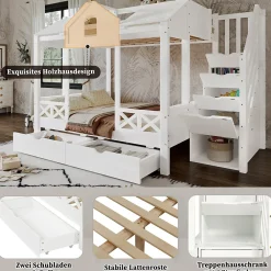 Lit Superposé Enfant 90/140x200 cm, 2 Tiroirs à Roulettes, Escalier, 4 Cases de Rangement, Fenêtres et Toit, Sans Matelas, Blanc><noscript><img width=