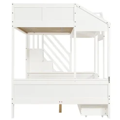Lit Superposé Enfant 90/140x200 cm, 2 Tiroirs à Roulettes, Escalier, 4 Cases de Rangement, Fenêtres et Toit, Sans Matelas, Blanc><noscript><img width=