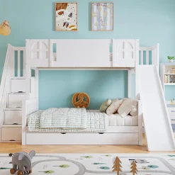 Lit Superposé enfant 90x200 cm avec Toboggan et Escalier, Cabane Blanc avec Casiers de Rangement, Pin et MDF, Sans Matelas - Blanc><noscript><img width=