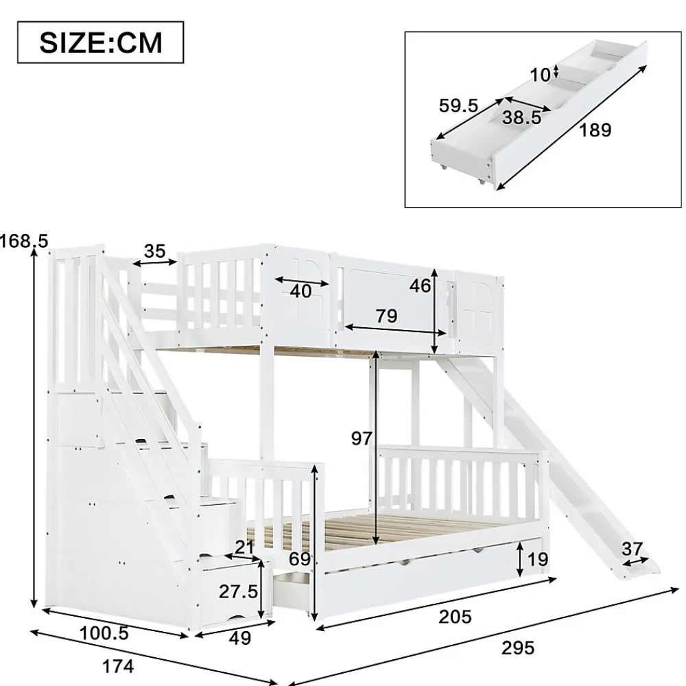 Lit Superposé enfant 90x200 cm avec Toboggan et Escalier, Cabane Blanc avec Casiers de Rangement, Pin et MDF, Sans Matelas - Blanc>Okwish Discount
