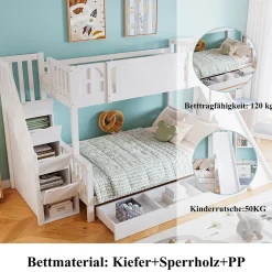Lit Superposé enfant 90x200 cm avec Toboggan et Escalier, Cabane Blanc avec Casiers de Rangement, Pin et MDF, Sans Matelas - Blanc><noscript><img width=