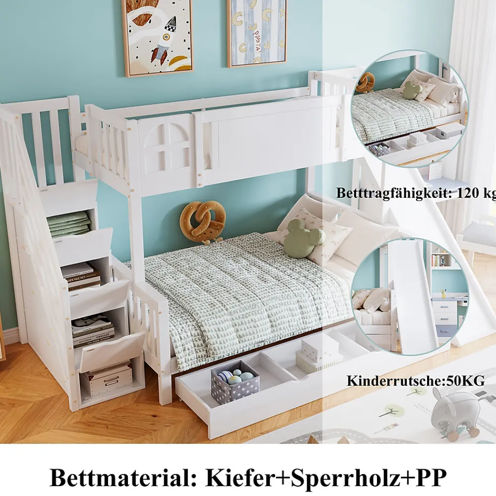 Lit Superposé enfant 90x200 cm avec Toboggan et Escalier, Cabane Blanc avec Casiers de Rangement, Pin et MDF, Sans Matelas - Blanc>Okwish Discount