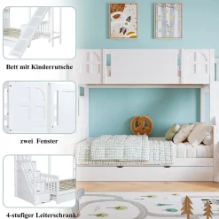 Lit Superposé enfant 90x200 cm avec Toboggan et Escalier, Cabane Blanc avec Casiers de Rangement, Pin et MDF, Sans Matelas - Blanc><noscript><img width=