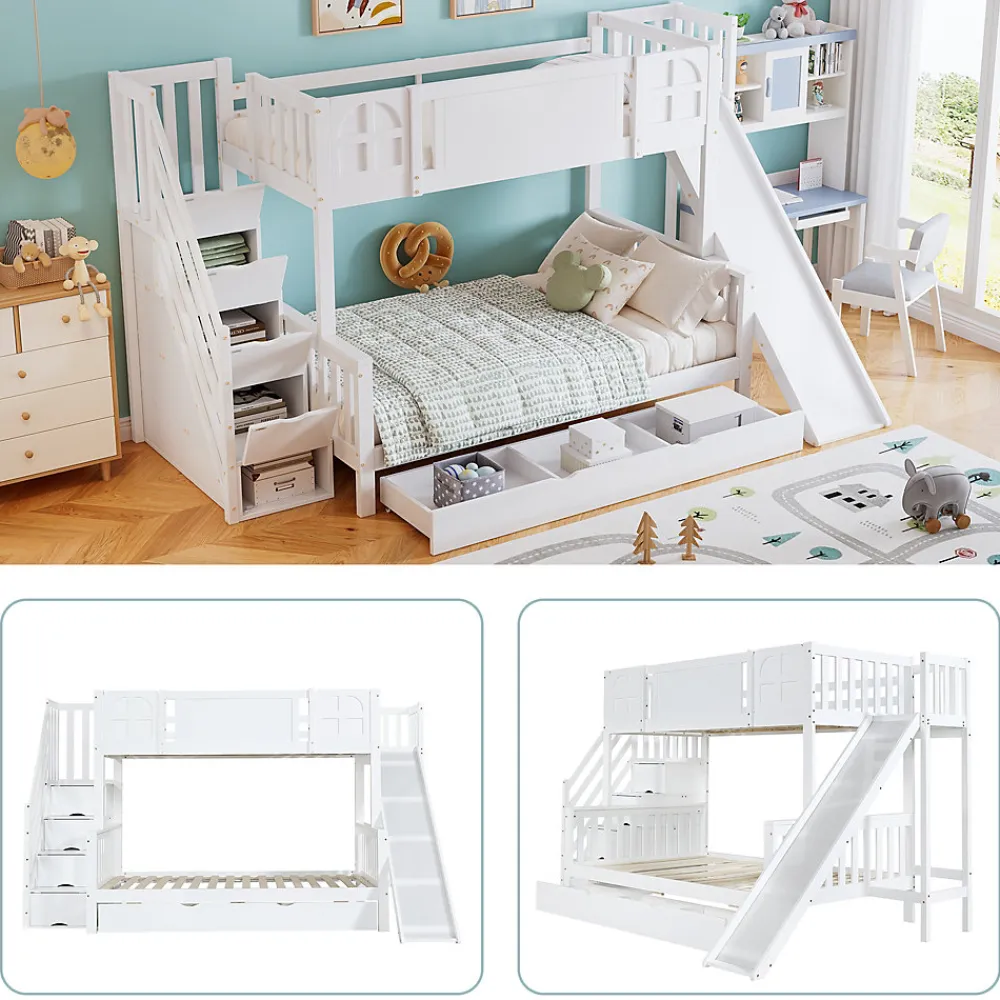 Lit Superposé enfant 90x200 cm avec Toboggan et Escalier, Cabane Blanc avec Casiers de Rangement, Pin et MDF, Sans Matelas - Blanc>Okwish Discount