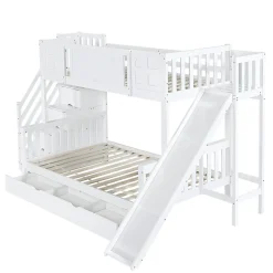 Lit Superposé enfant 90x200 cm avec Toboggan et Escalier, Cabane Blanc avec Casiers de Rangement, Pin et MDF, Sans Matelas - Blanc><noscript><img width=
