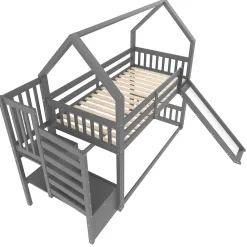 Okwish Lit Superposé Enfant 90x200 cm - Lit avec Toboggan et Escalier de Rangement - Cadre Bois MDF - Sans Matelas - Gris*Enfant Lit Enfant