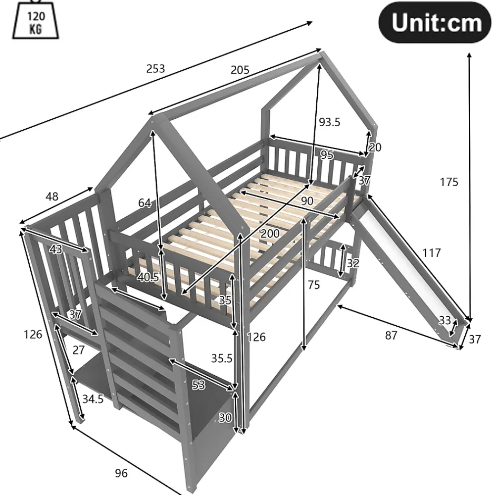 Okwish Lit Superposé Enfant 90x200 cm - Lit avec Toboggan et Escalier de Rangement - Cadre Bois MDF - Sans Matelas - Gris*Enfant Lit Enfant