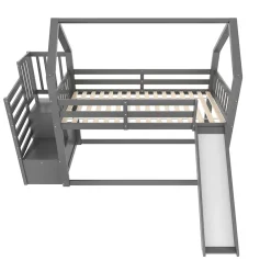 Okwish Lit Superposé Enfant 90x200 cm - Lit avec Toboggan et Escalier de Rangement - Cadre Bois MDF - Sans Matelas - Gris*Enfant Lit Enfant