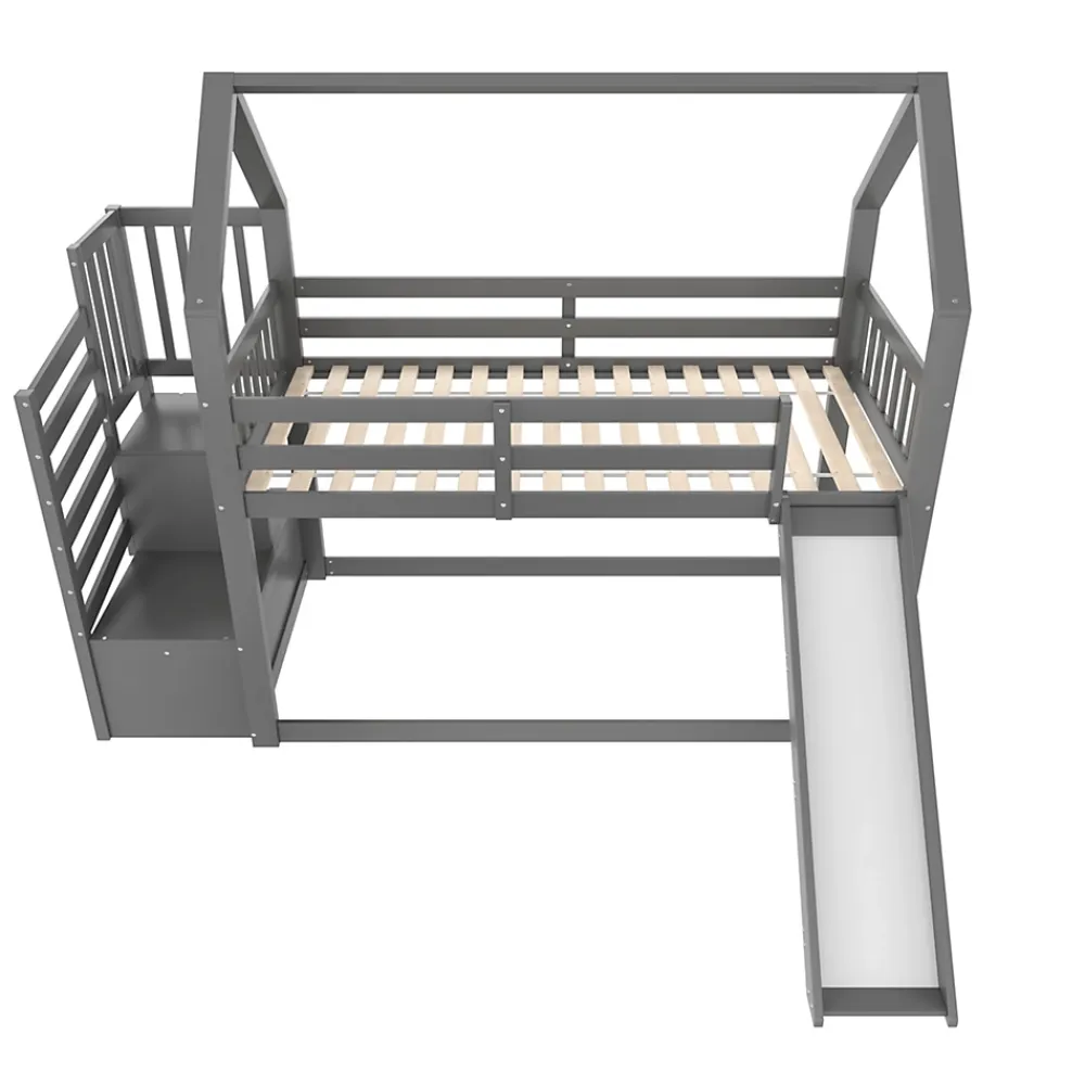 Okwish Lit Superposé Enfant 90x200 cm - Lit avec Toboggan et Escalier de Rangement - Cadre Bois MDF - Sans Matelas - Gris*Enfant Lit Enfant