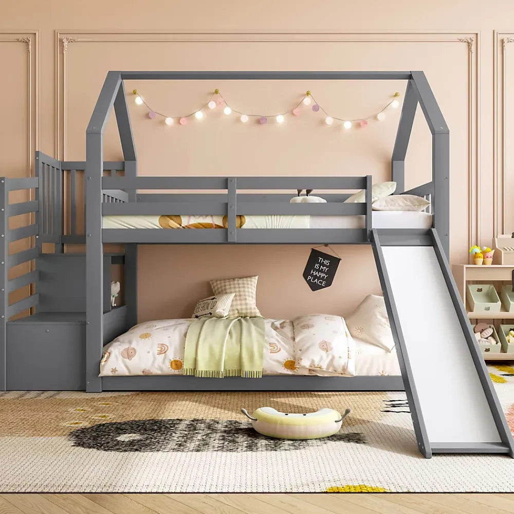 Okwish Lit Superposé Enfant 90x200 cm - Lit avec Toboggan et Escalier de Rangement - Cadre Bois MDF - Sans Matelas - Gris*Enfant Lit Enfant