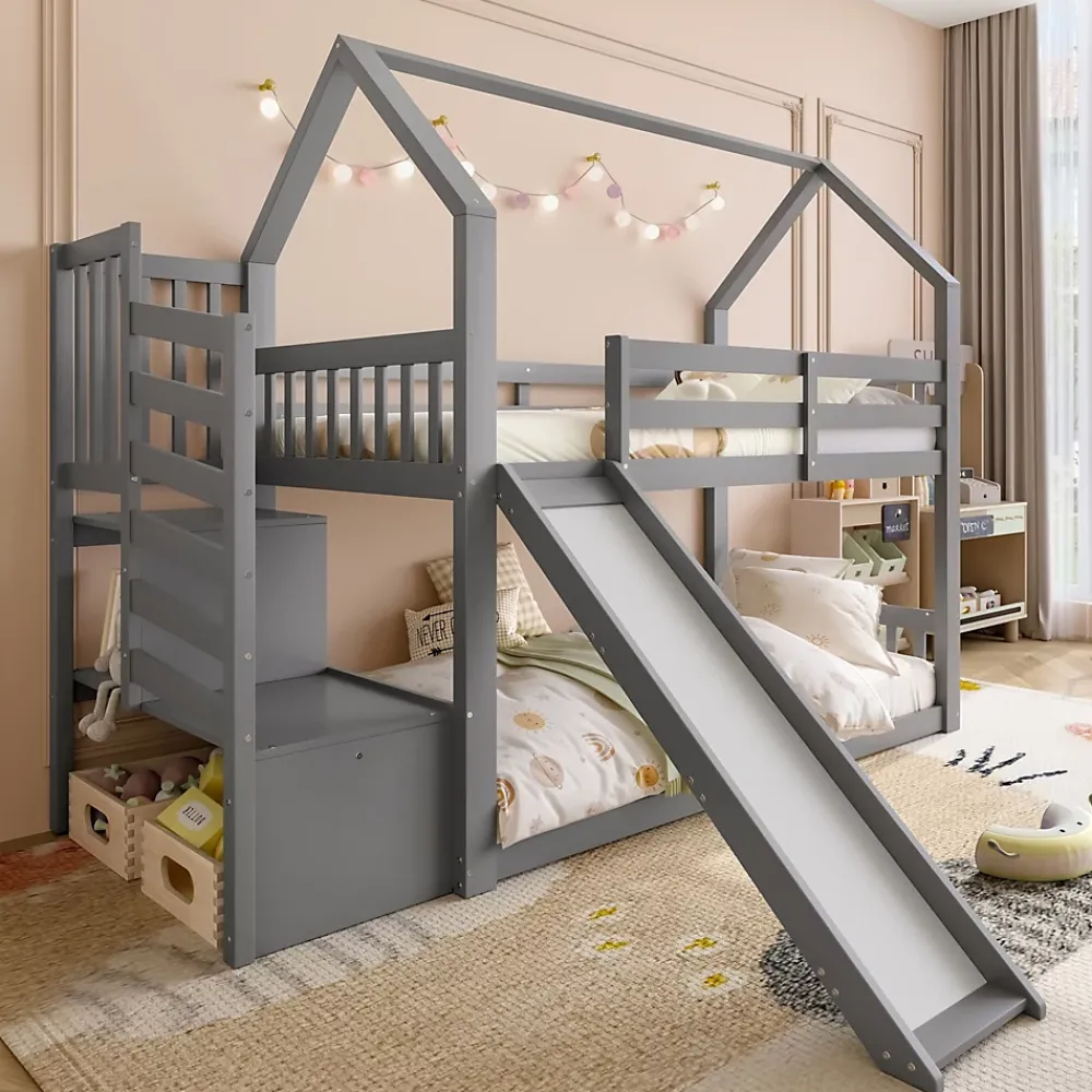 Okwish Lit Superposé Enfant 90x200 cm - Lit avec Toboggan et Escalier de Rangement - Cadre Bois MDF - Sans Matelas - Gris*Enfant Lit Enfant